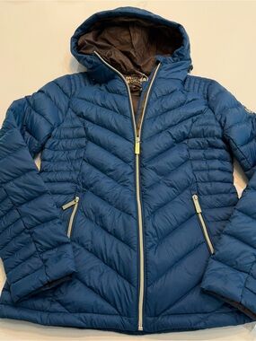Michael Kors Packable Down Coat XS Teal Gold Zip Hooded Puffer Jacket